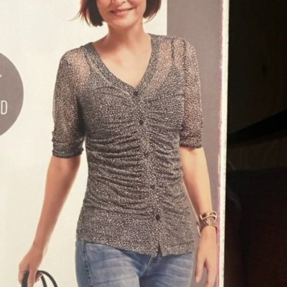 Cabi Black/Grey V-Neck Gathered Placket Sheer Blouse Size Small